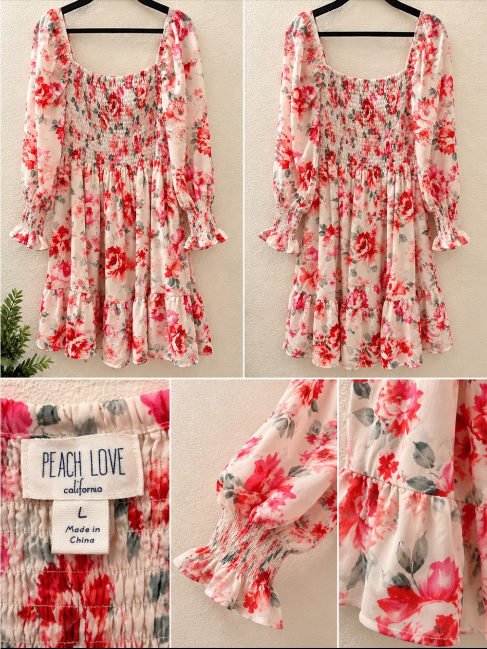 Peach Love California Pink & Red Floral Smocked Mini Dress